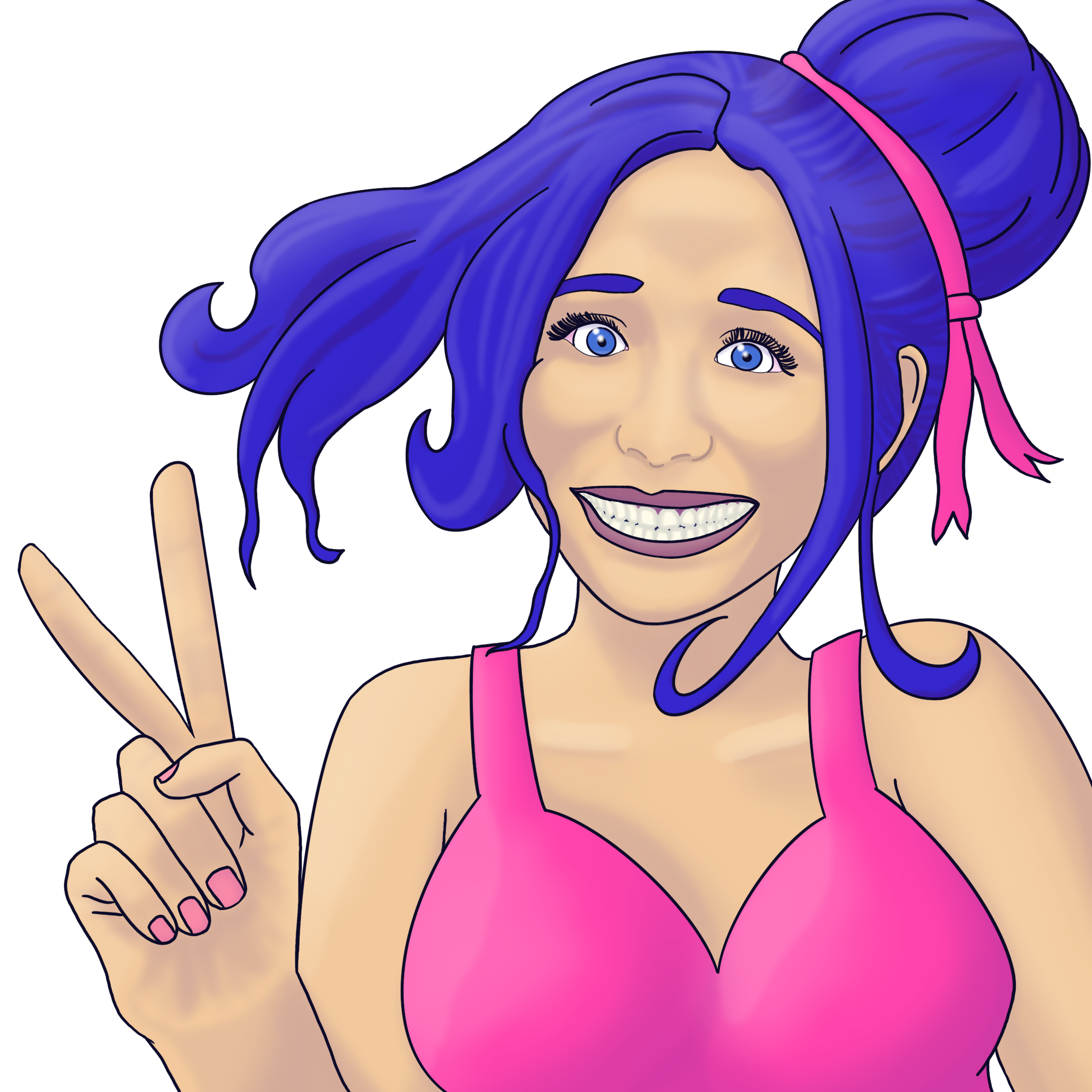 Illustrated AI girl putting up a 'peace' sign